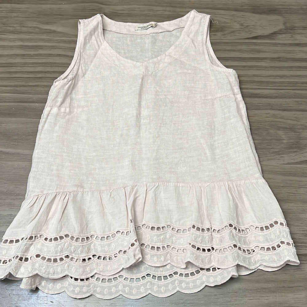 VALENTINA NALDI TAN LINEN  SLEEVELESS TOP WITH RUFFLE BOTTOM  ITALY SMALL